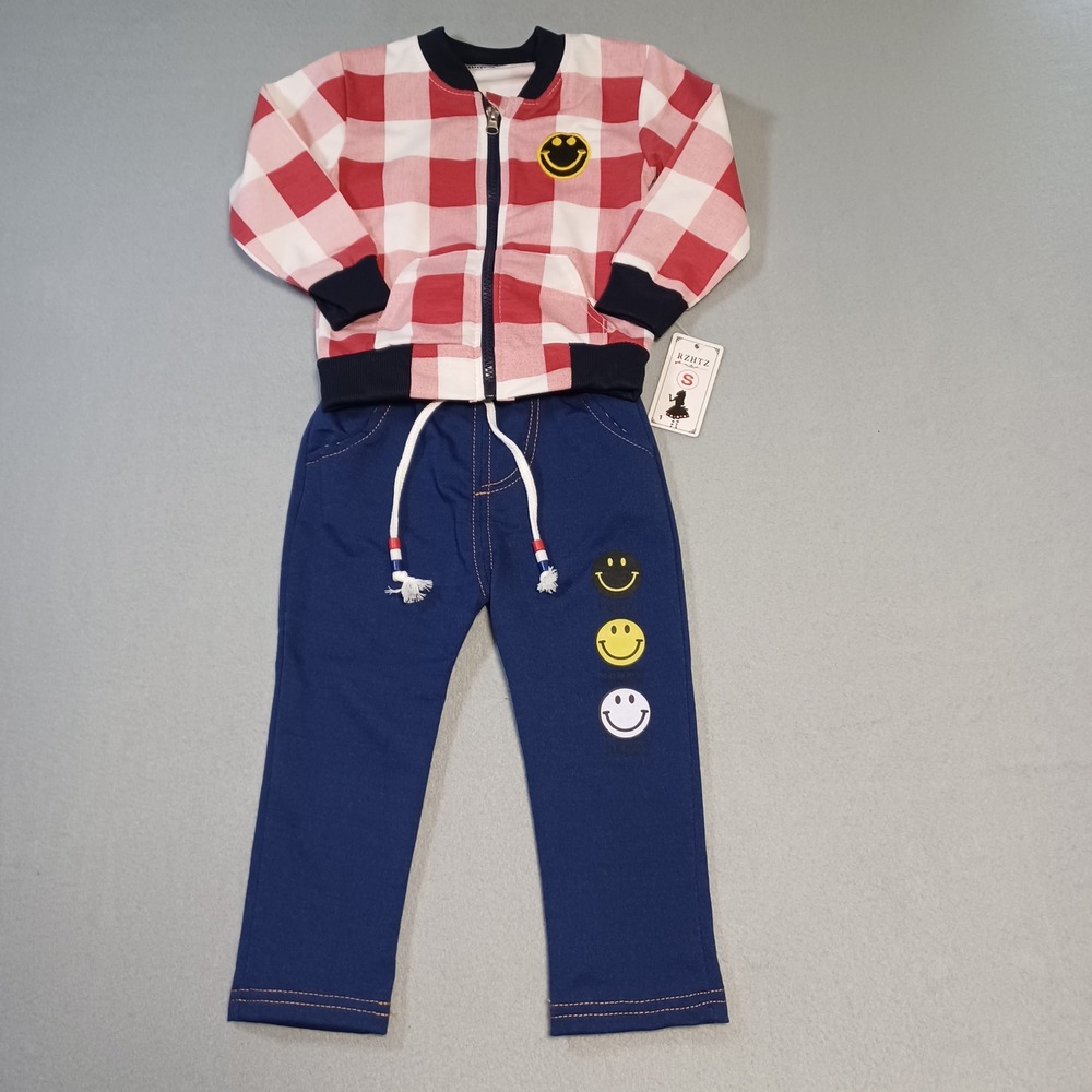 RZHTZ Kids Red Buffalo Plaid Smiley Face Bomber Jacket and Navy Pants Set Size S